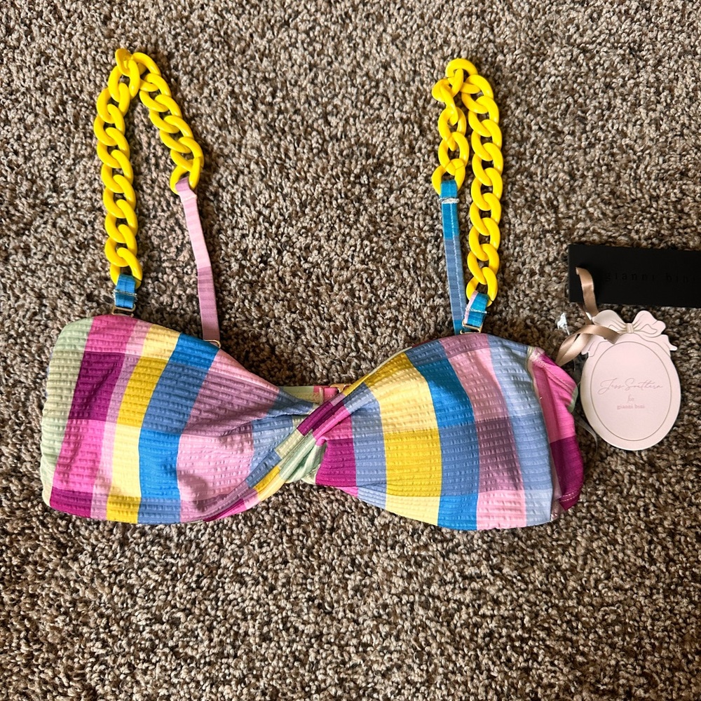Colorful Striped Gianni Bini Bikini Top with Yellow Chain Straps